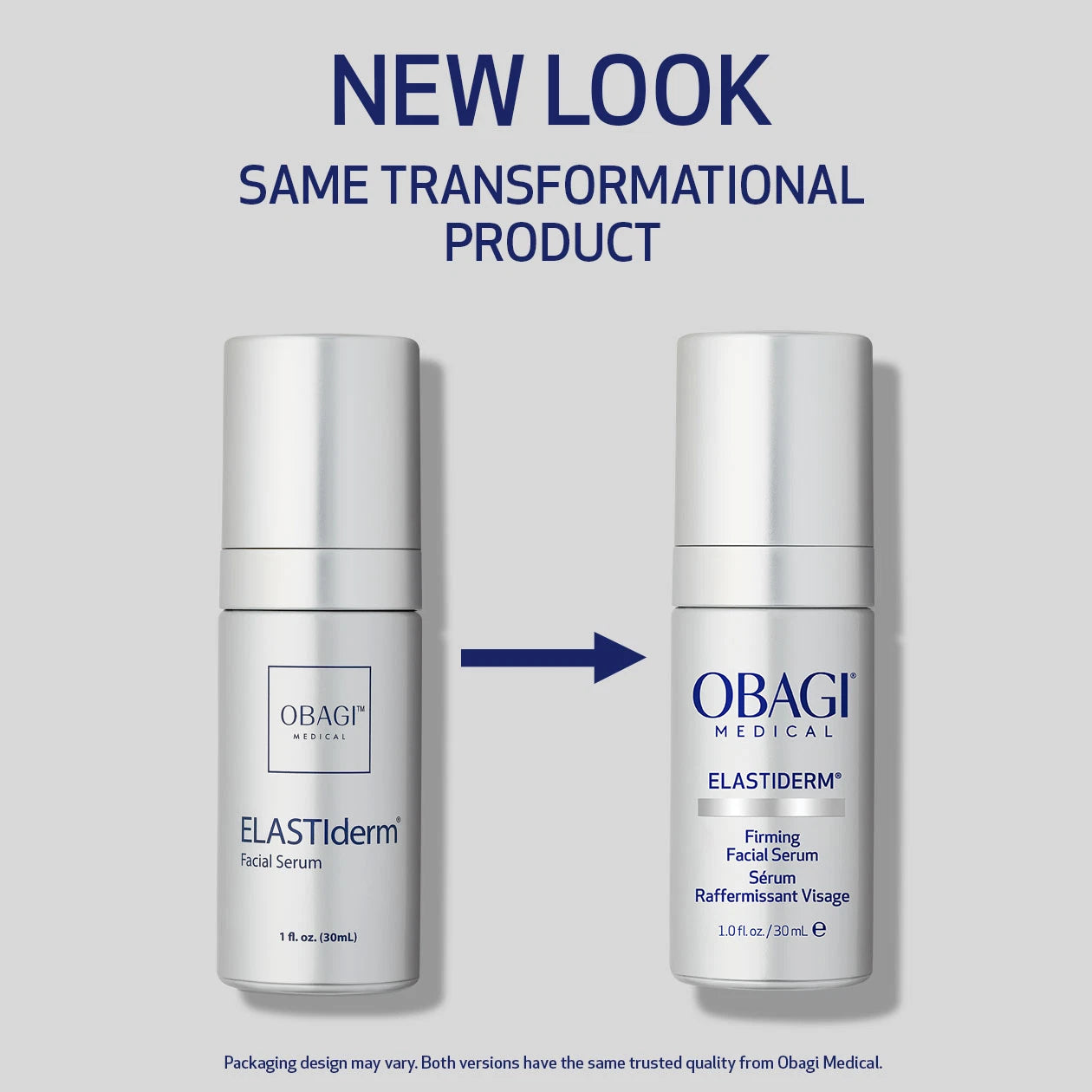 ELASTIDERM FIRMING FACIAL SERUM BOTTLE PACKAGING BEFORE AND AFTER. NEW LOOK, SAME TRANSFORMATIONAL PRODUCT
